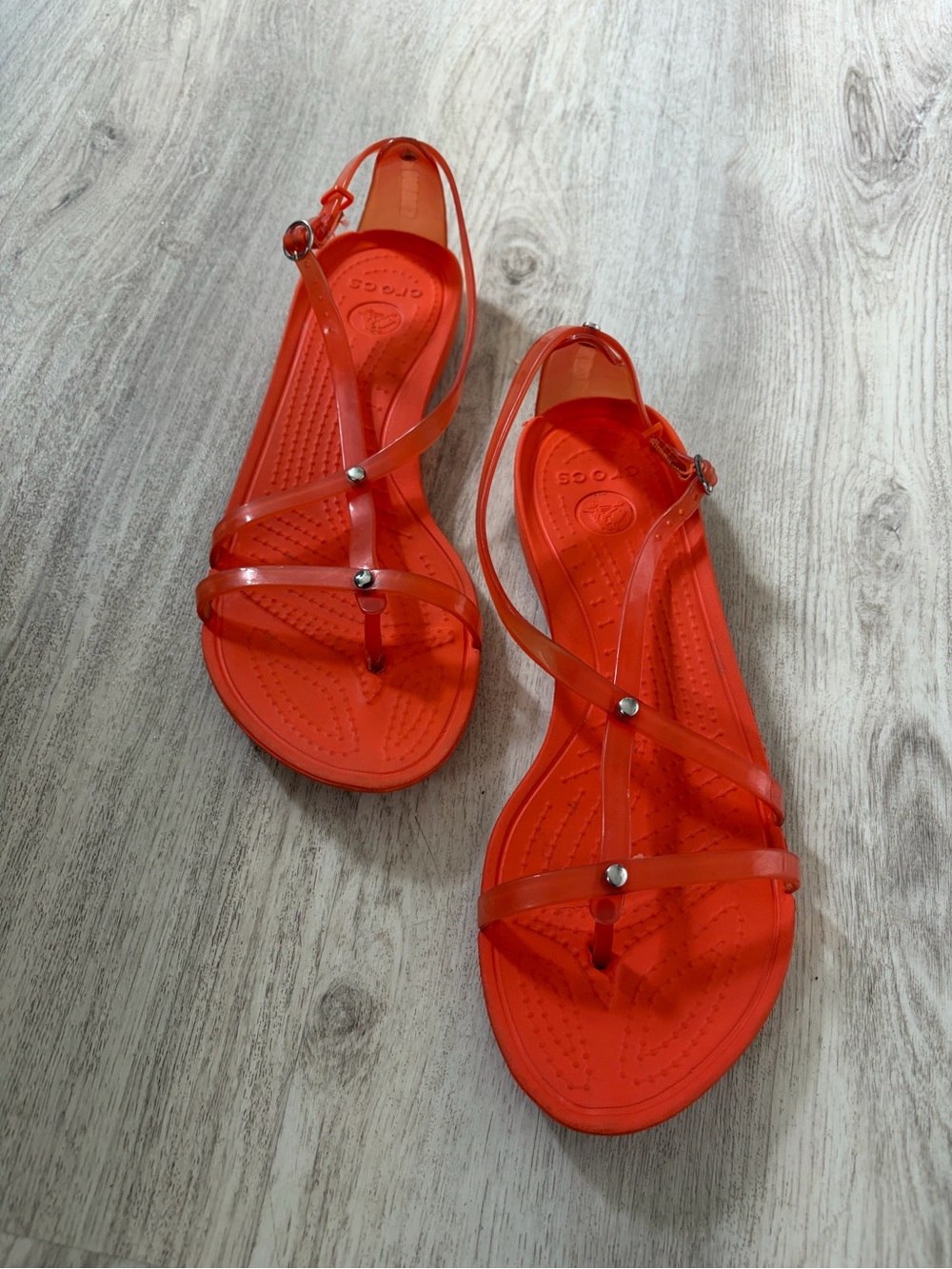 CROCS women’s 7 Bright Orange Jelly Strappy Minimalist thong Sandals